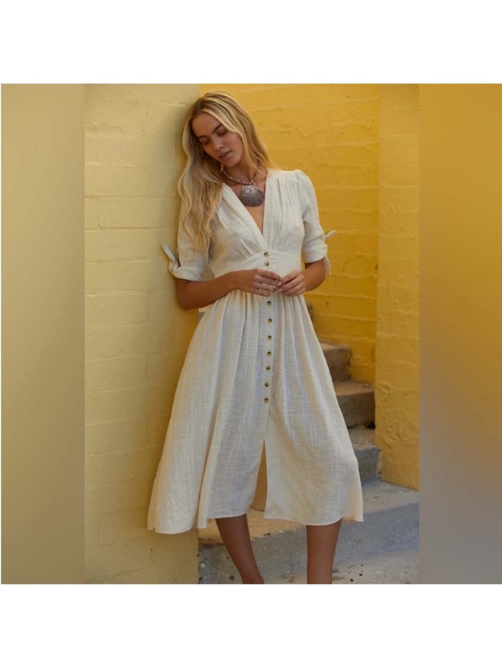 We The Free Cream Button-Front Midi Dress with Puff Sleeves